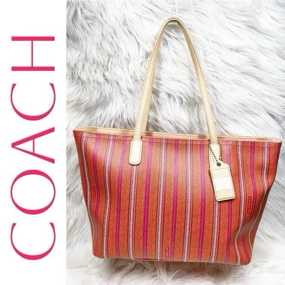 Coach Legacy Weekend Ticking Stripe Tote Orange Pink Lime Coated Canvas Bag