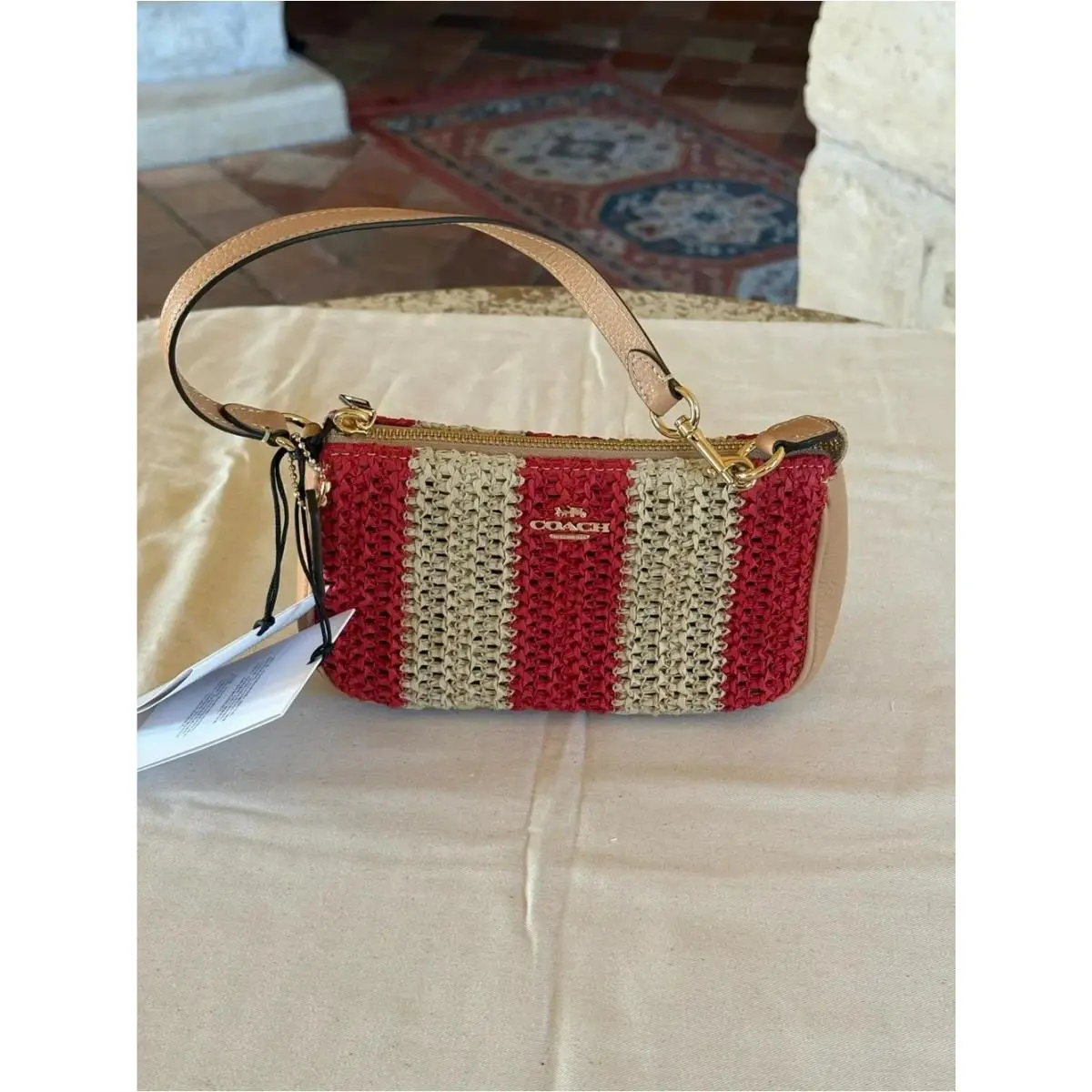 Coach Nolita 19 Straw Stripe Wristlet Woven Summer Boho Bag Red/tan CEM99