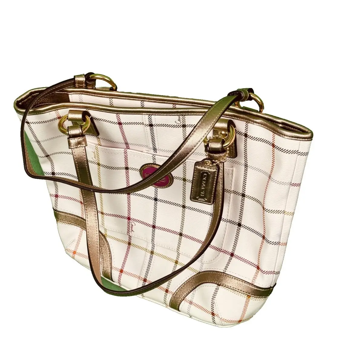 Coach White Plaid Peyton Tattersall Tote Bag Metallic Gold Handles