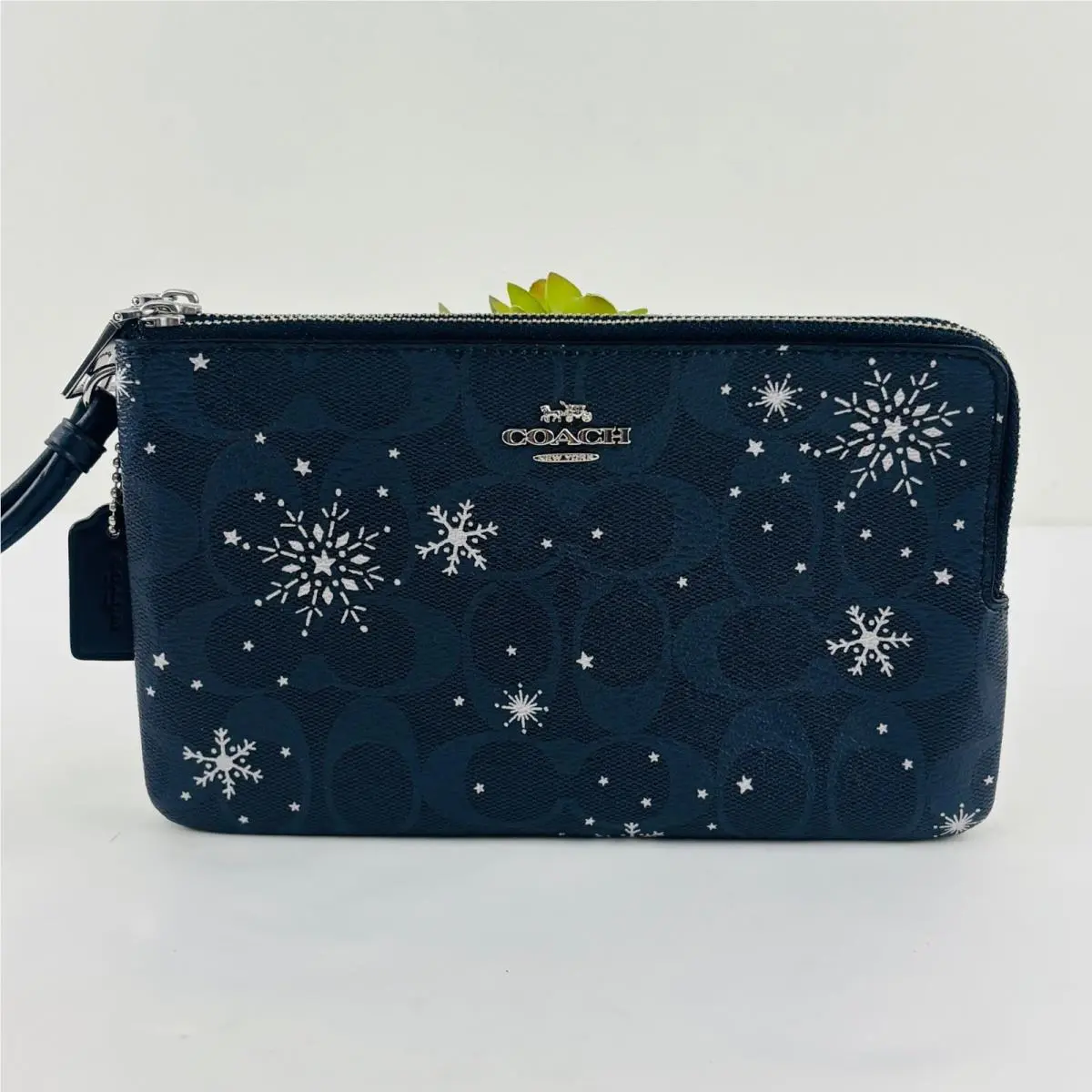 Coach Double Zip Wristlet Wallet Signature Canvas Snowflake Midnight Blue