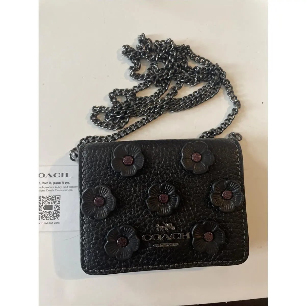 Coach Mini Wallet On Chain with Floral Applique Pebbled Leather Black CAL71