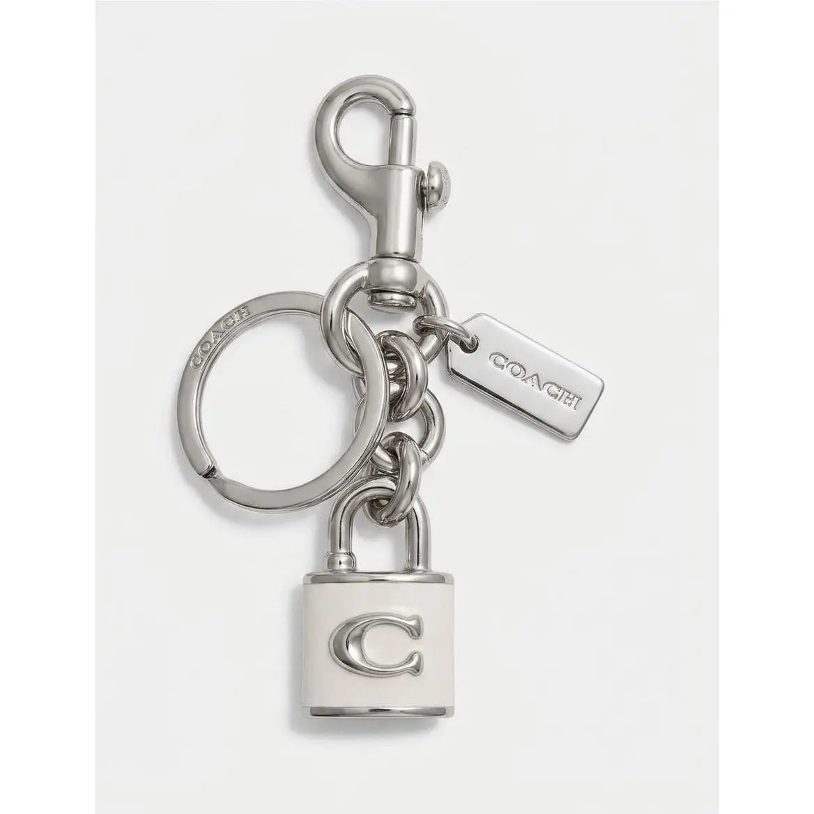 Coach Signature C Padlock Bag Charm Key Ring Silver / Chalk White W/ Dusty