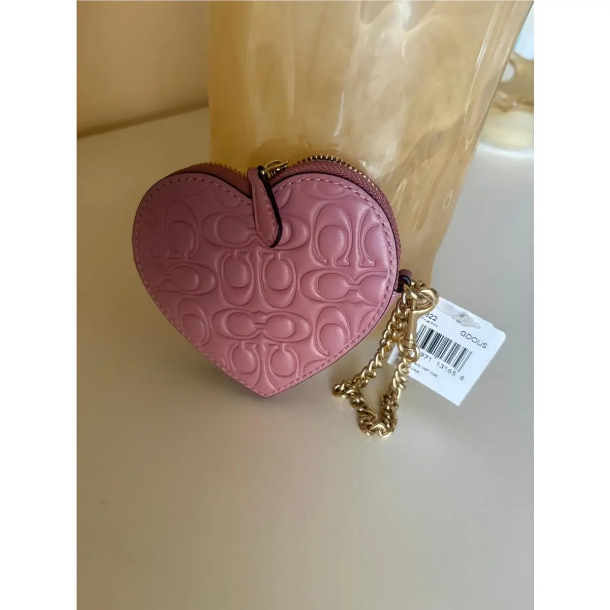 Rare Chain VD Signature Heart Case Coin Purse Leather Pink 76322 by Coach