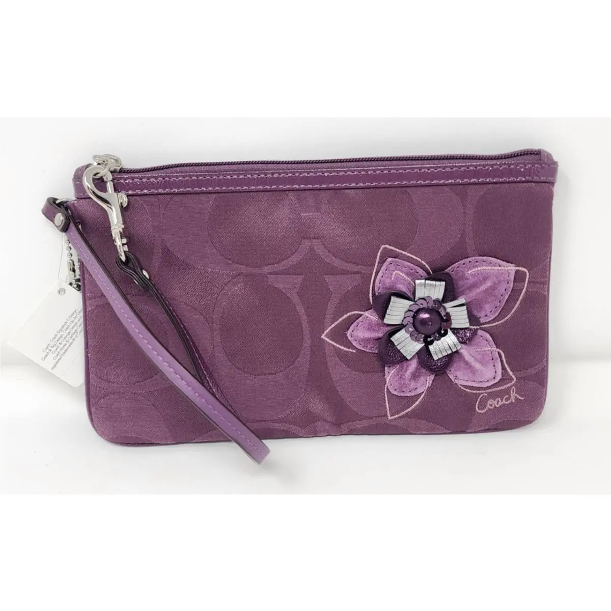 Coach Signature Jacquard Floral Applique Wristlet Clutch Berry