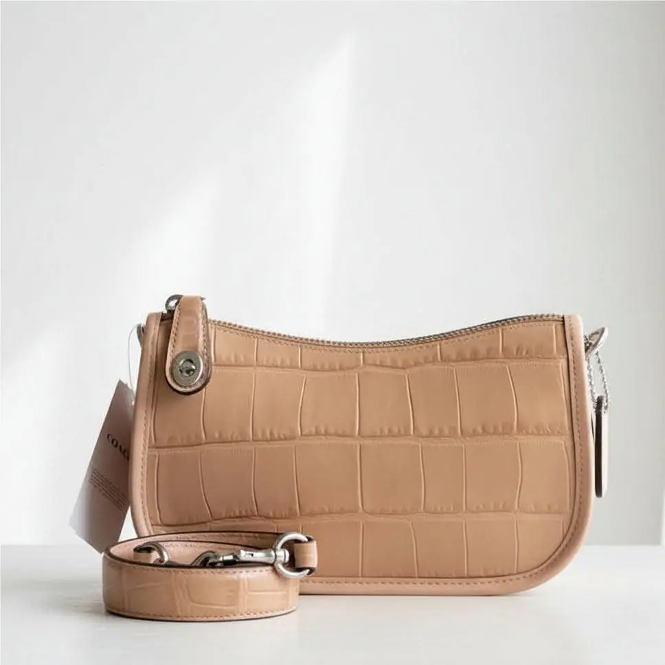 Coach Swinger Bag 20 CP024 Buff Croc Embossed Leather Shoulder Turnlock Beige