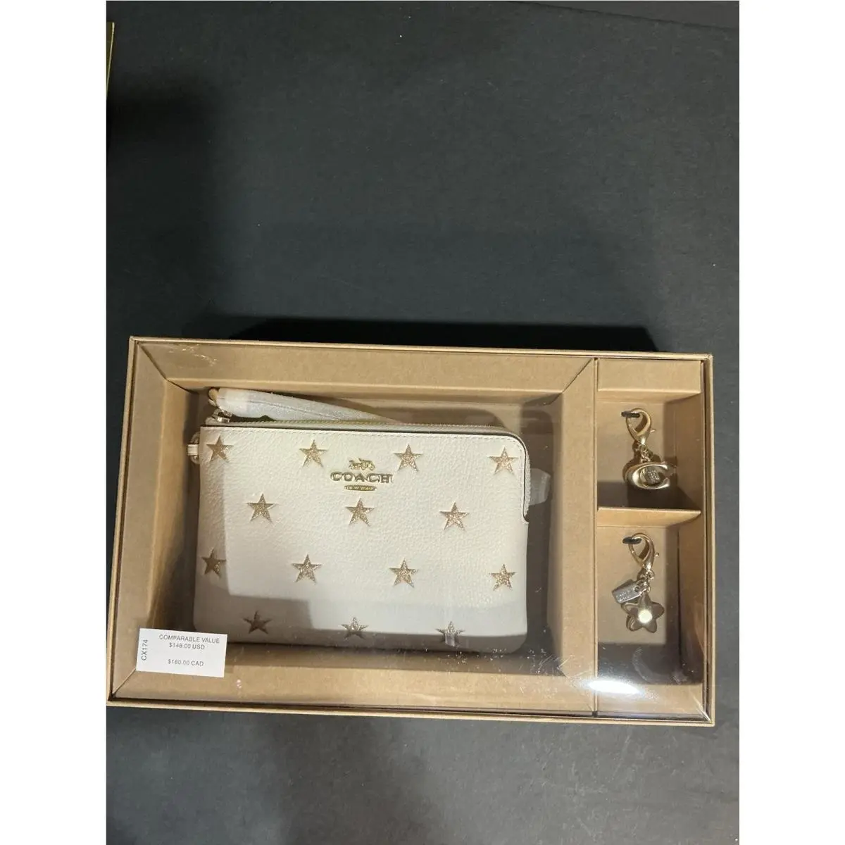 Coach Boxed Corner Zip Wristlet with Star Print and Charms CX174