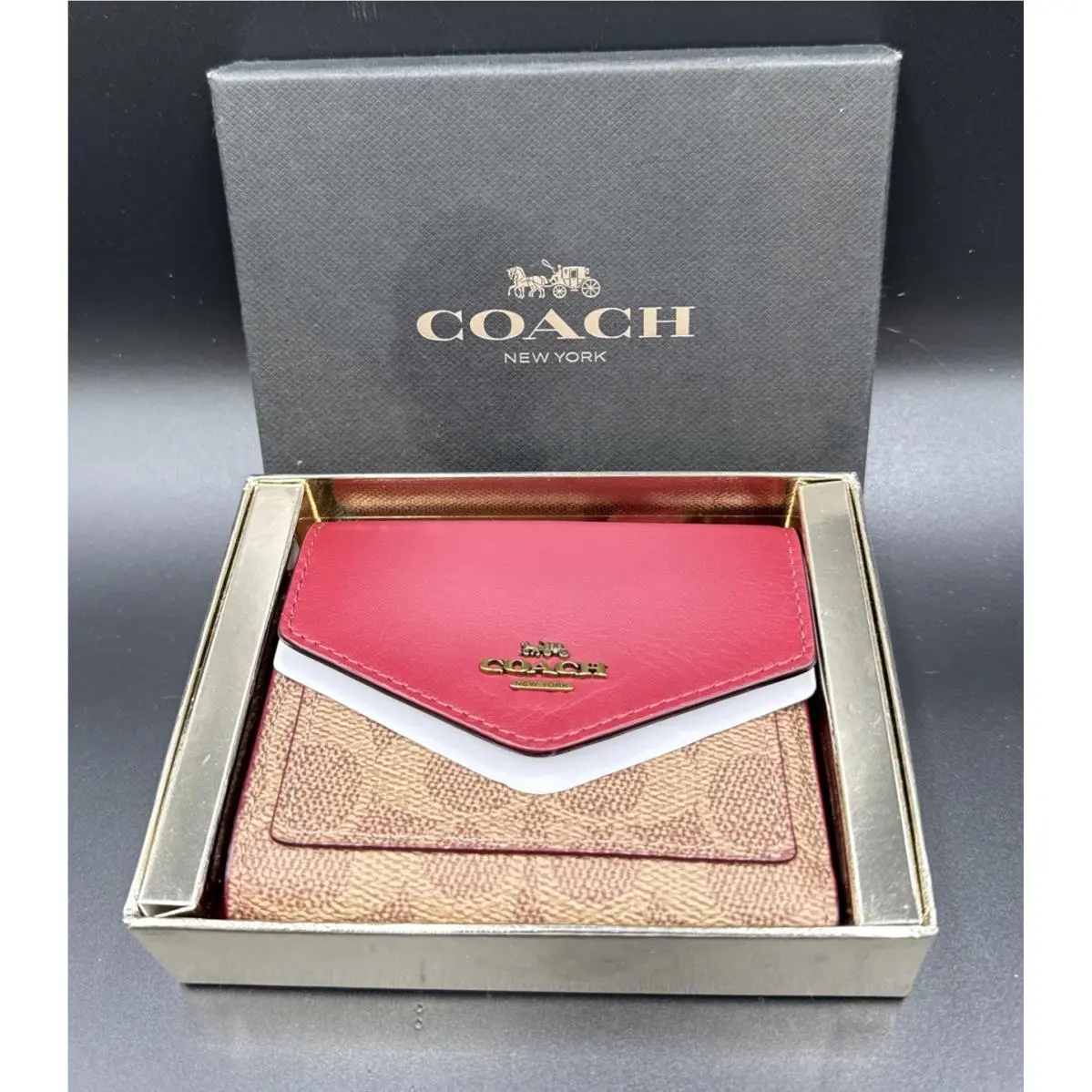 Coach Colorblock Envelope Small Wallet Signature Tan Canvas and Dusty Pink