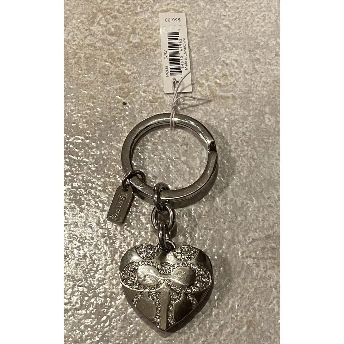 Coach Sparkling Crystal Heart Locket Keychain Silver Tone Bag Charm 3.25”