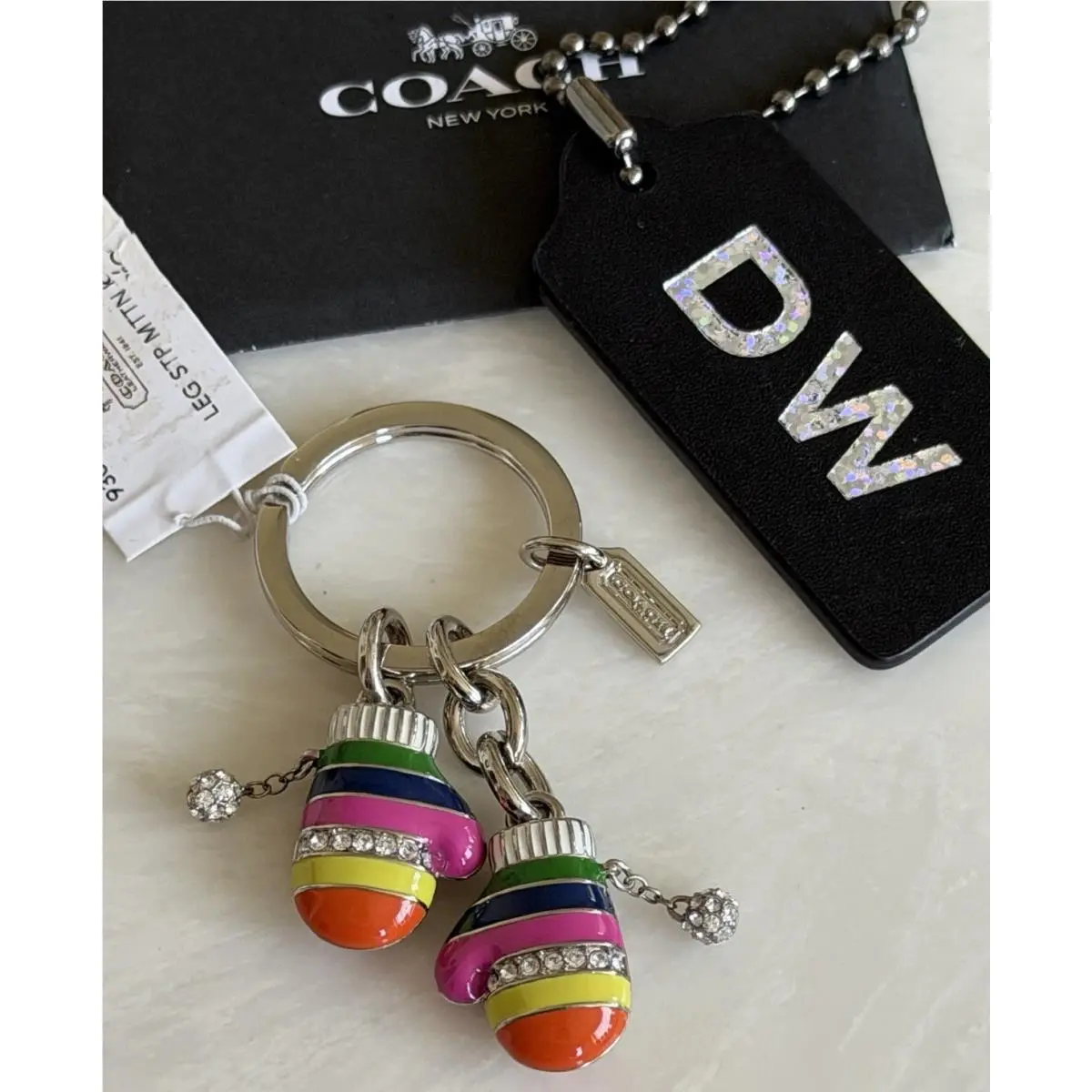 Coach Legacy Stripe Multicolor Crystal Mittens Keyring Fob Bag Charm 93027