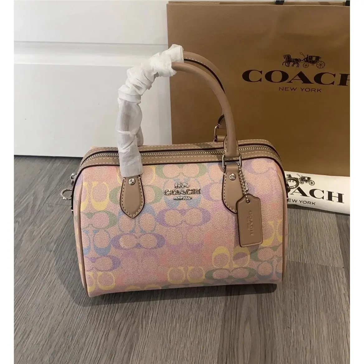 Rowan Satchel Bag Rainbow Signature Canvas Sand Multi CDA90 Leather by Coach