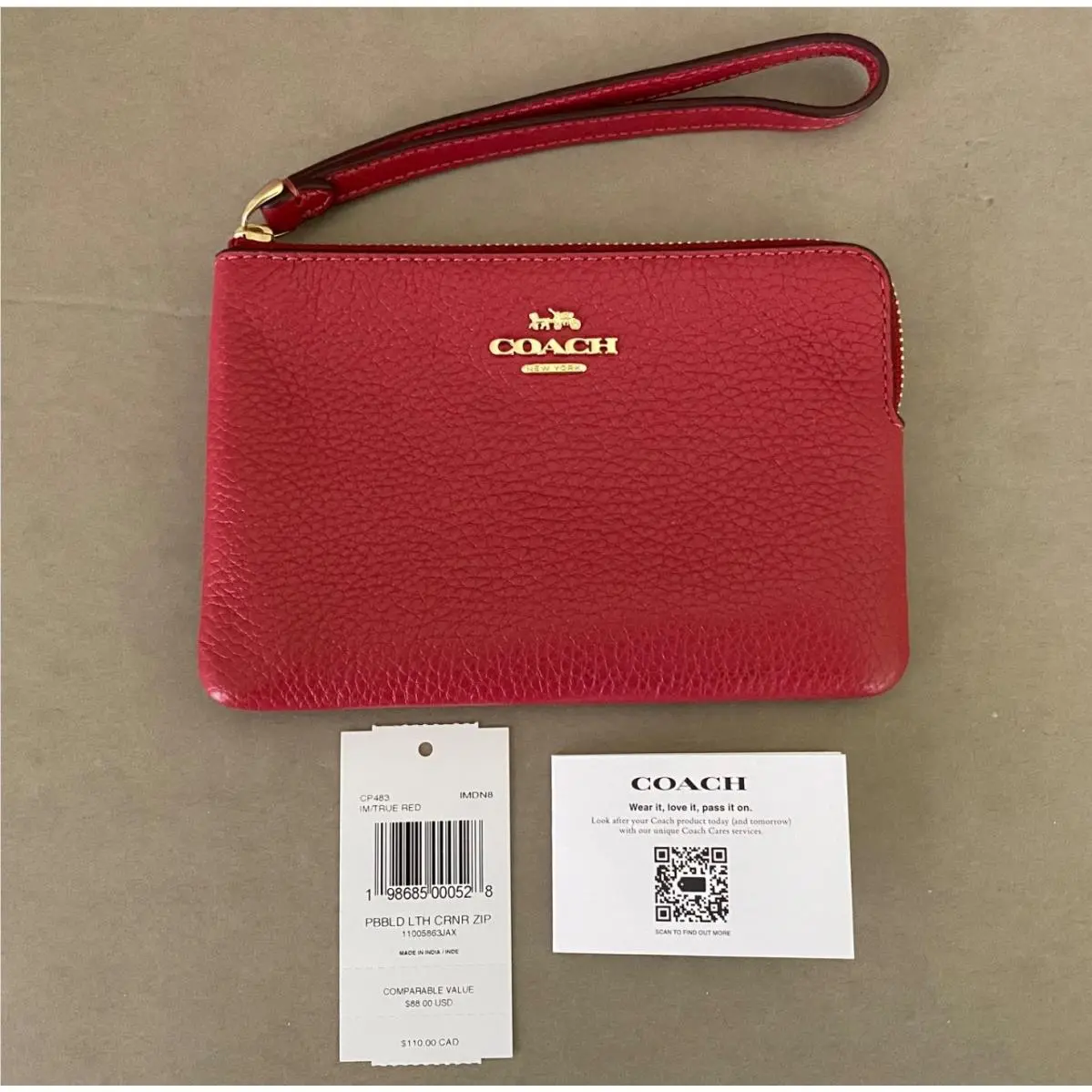 Coach True Red Pebbled Leather Corner Zip Wristlet Handle Strap