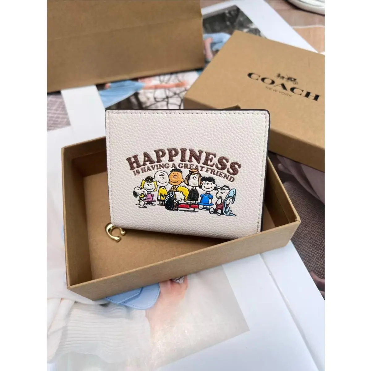 Coach X Peanuts Snap Wallet In Signature Canvas Happiness Snoopy Print