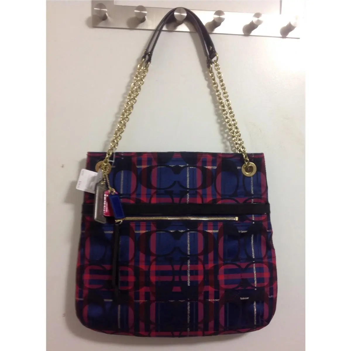 Coach Poppy Metallic Tartain Slim Chain Tote Convertible 21136 Multi Color Plaid