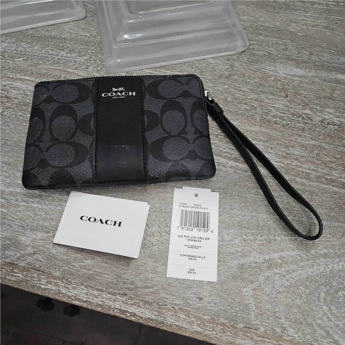 Coach Corner Zip Wristlet In Signature Canvas Gray Balck Logo