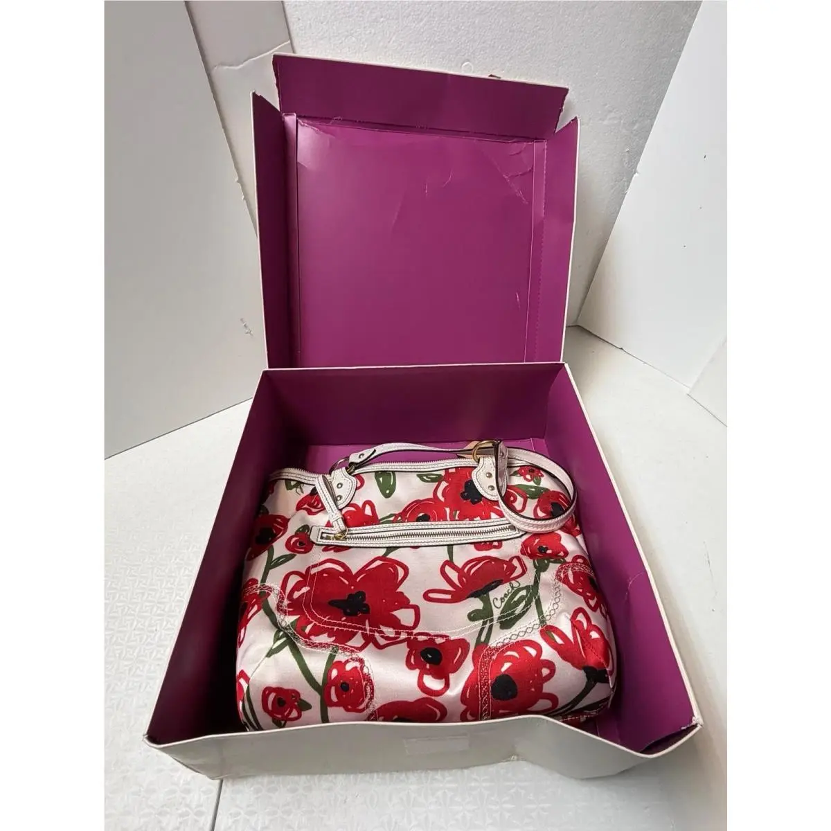 Coach Handbag Poppy Floral Canvas Tote Bag Red White Patent Trim