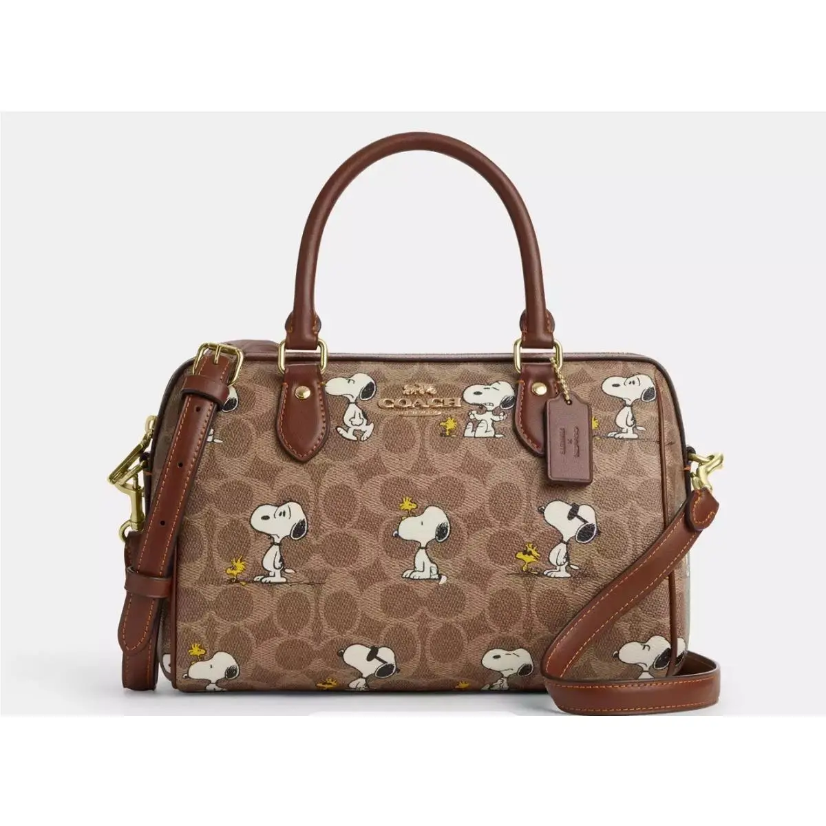 X Peanuts CBM33 Rowan Satchel Bag In Signature Canvas Snoopy Print Tan by Coach