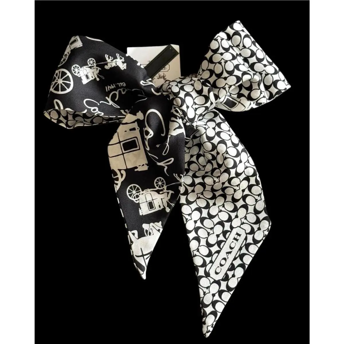 Coach Signature Pony Skinny Silk Scarf Horse Carriage Black/white Bag Y2K