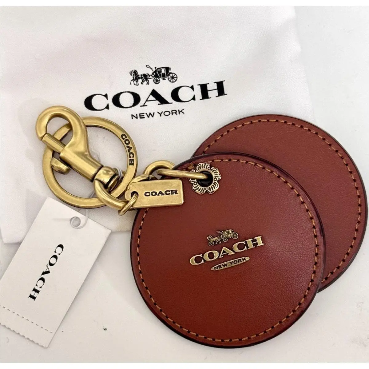 Coach Round Mirror Bag Charm In Rust Signature Canvas with Mini Dust Bag