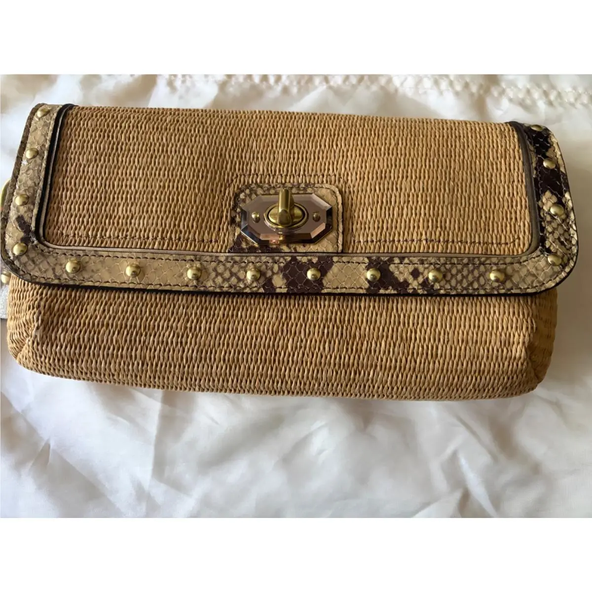 Coach Natural Tan Straw Clutch/ Wristlet with Python Trim Brass Studs