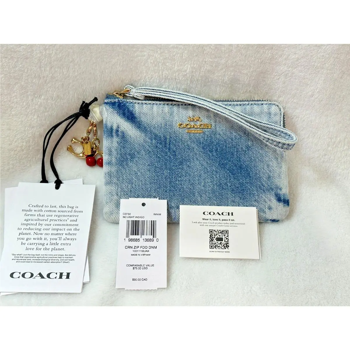 Coach Corner Zip Blue Faded Denim Jean Wallet Wristlet Bag - 2 Charms