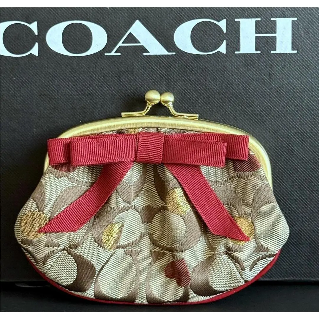 Coach Kisslock Coin Purse Bag Signature Khaki Red Bow Y2K F61373 Rare Htf