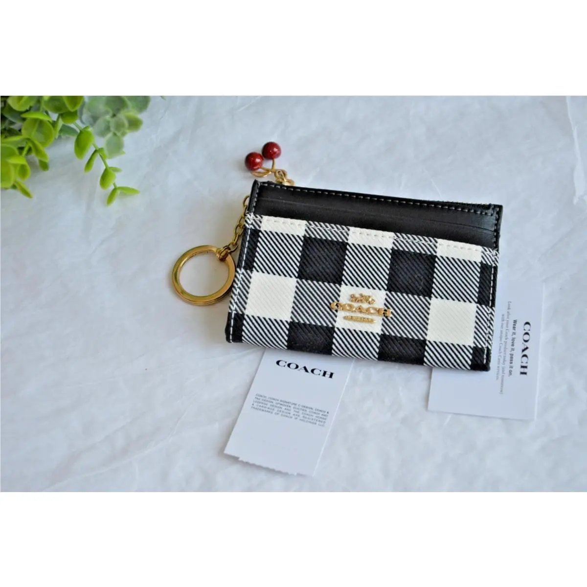 Coach CFA31 Mini Skinny ID Case Gingham Black White Print Cherry Charm