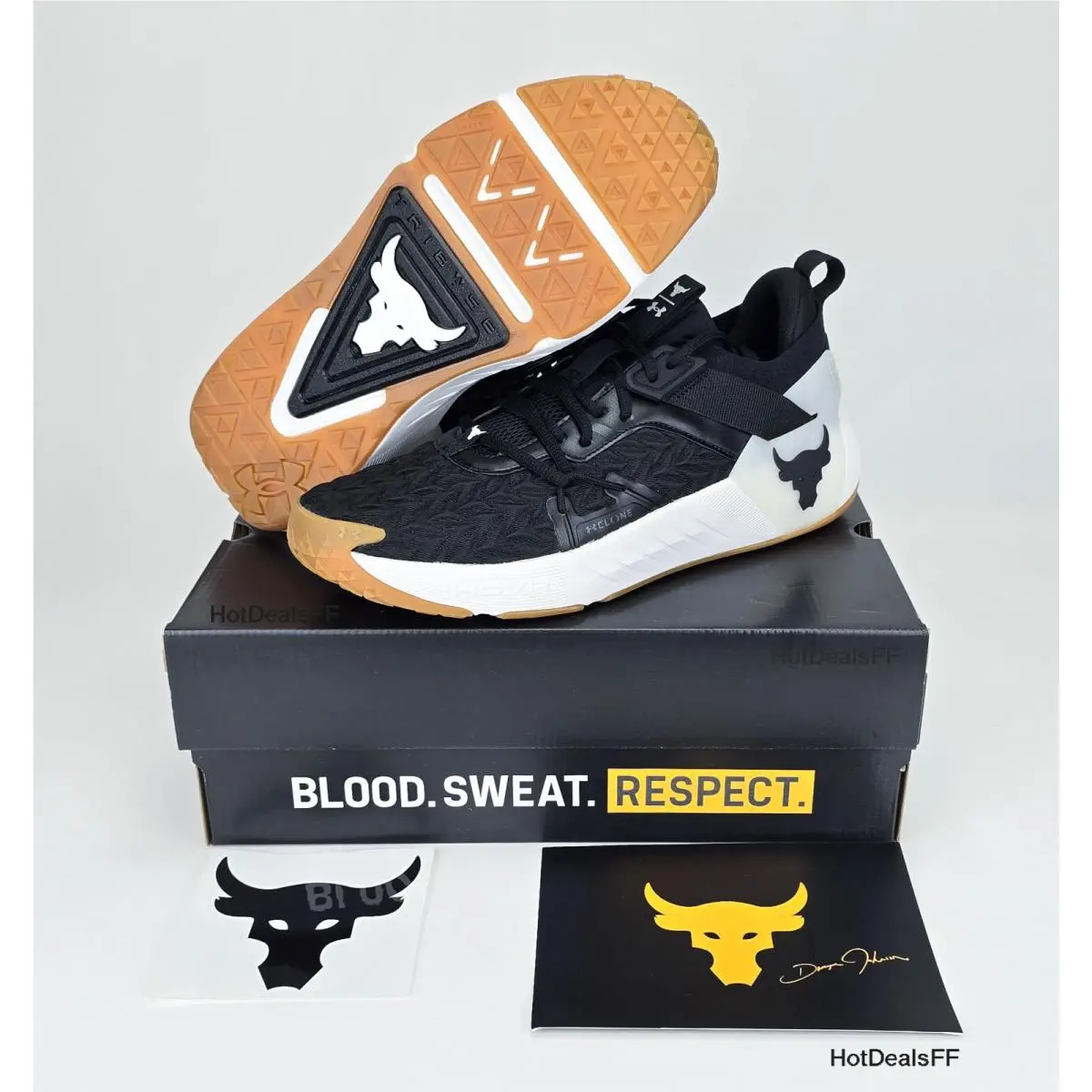 Men`s Under Armour Project Rock 6 Training Shoes Black White Gum Sizes 8.5-12
