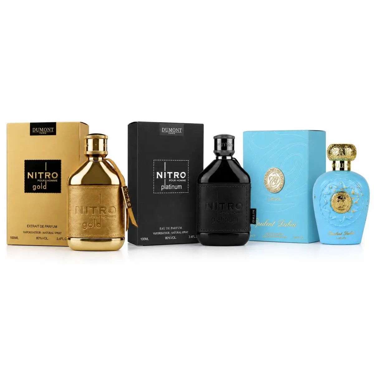 Lattafa Opulent Dubai + Dumont Nitro Gold Platinum 3 Pc 3.4 oz Combo Pack