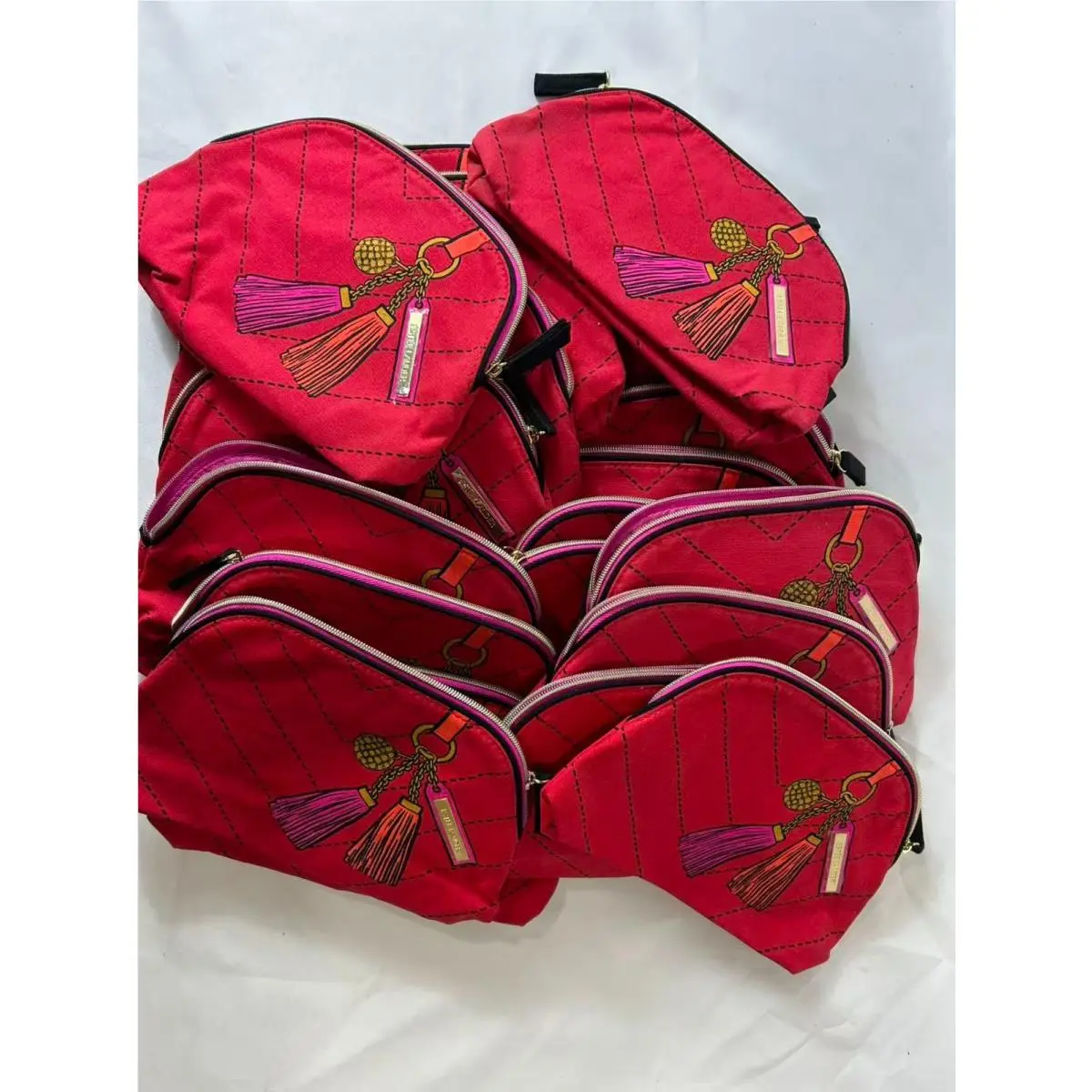 Lot 35 Estee Lauder Make Up Cosmetic Bag Red with Printed Keychain Tassels