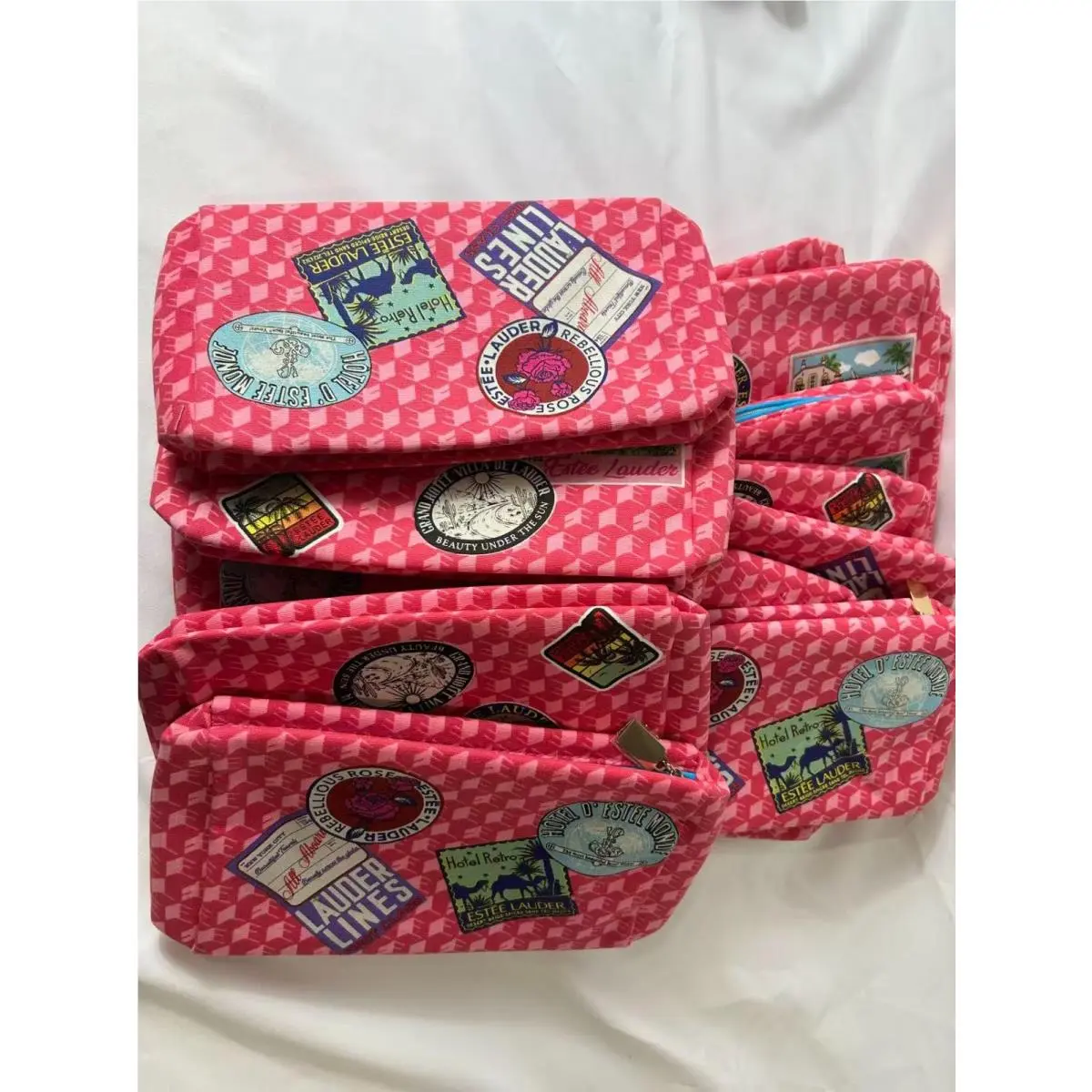 Lot of 25 Estee Lauder Red Cosmetics Makeup Travel Bag Zippered Pouch Travel
