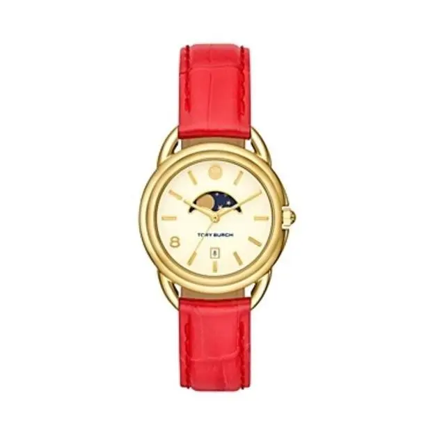 Tory Burch TBW7228 Miller Moon Ivory Dial Coral Red Leather Strap Watch
