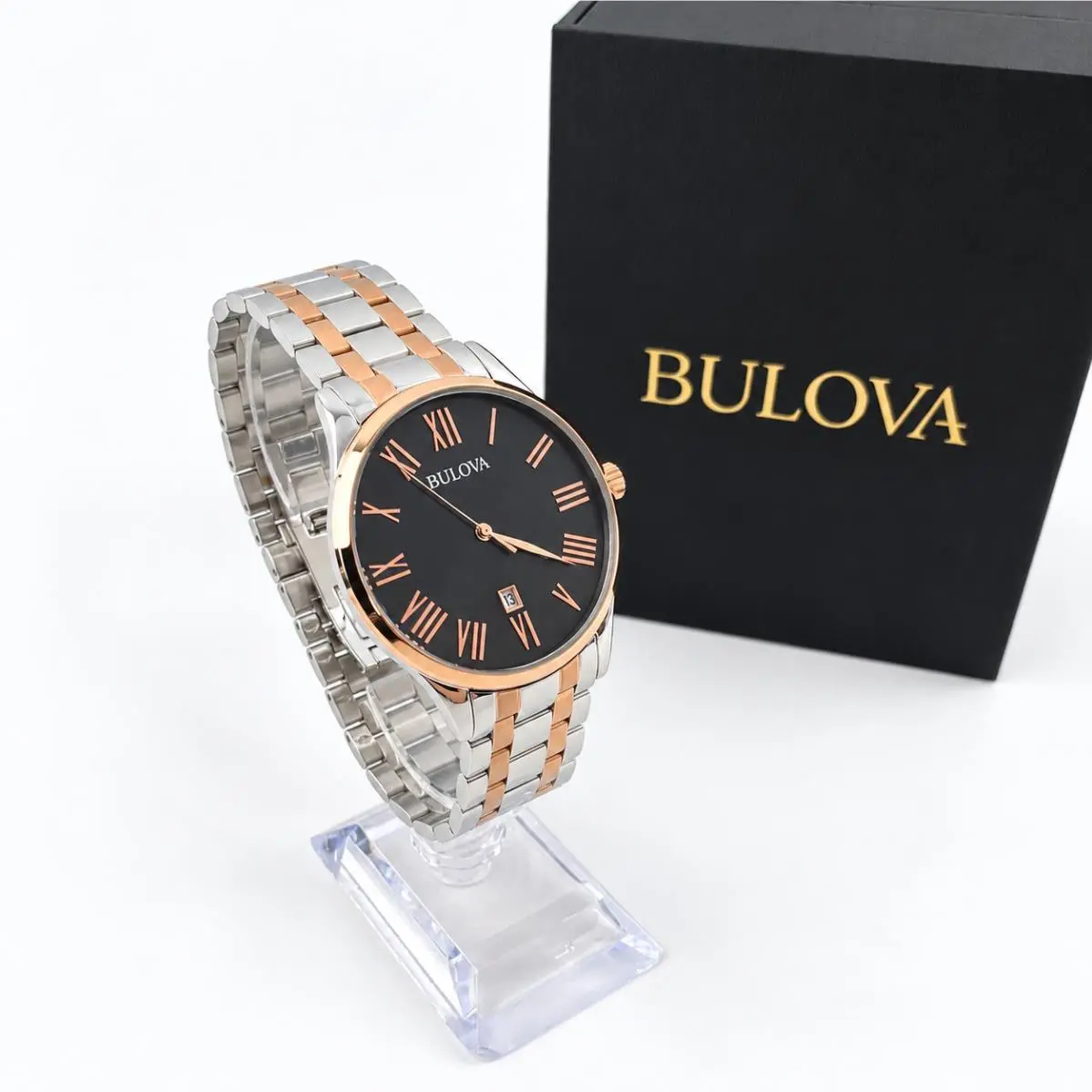 98B279 Men`s Quartz Watch Black Dial Two-tone Rose Gold Stainless Steel by Bulova