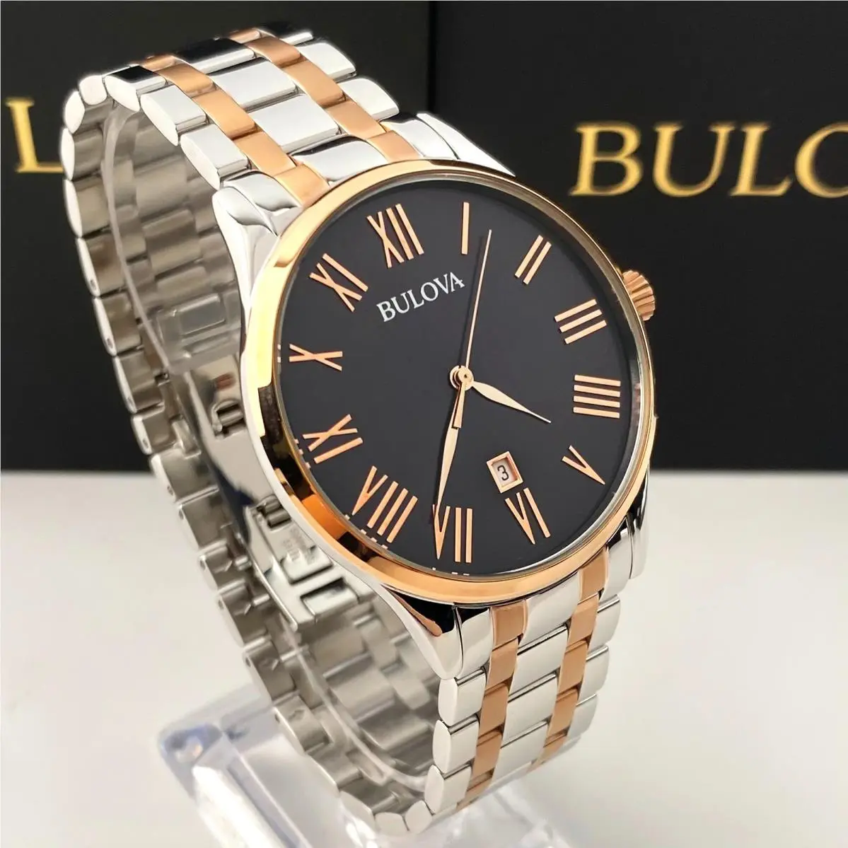 Bulova Classic 98B279 Men`s Watch Black Dial Two-tone Rose Gold Bracelet Quartz