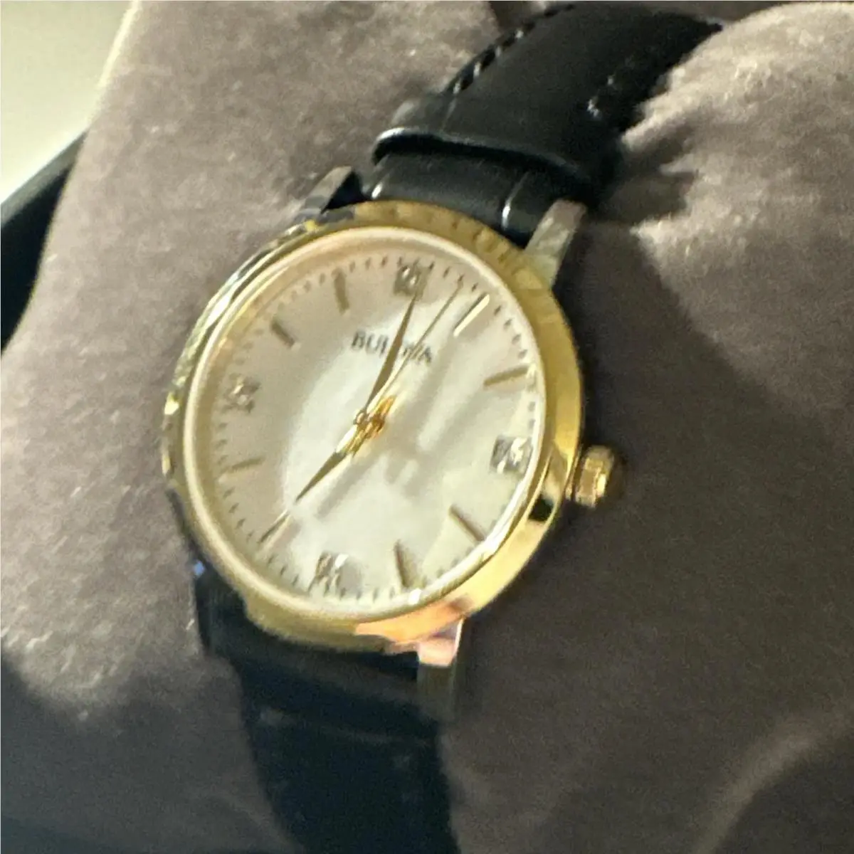 Bulova Women`s Diamond Accent Black Leather Strap 98P225