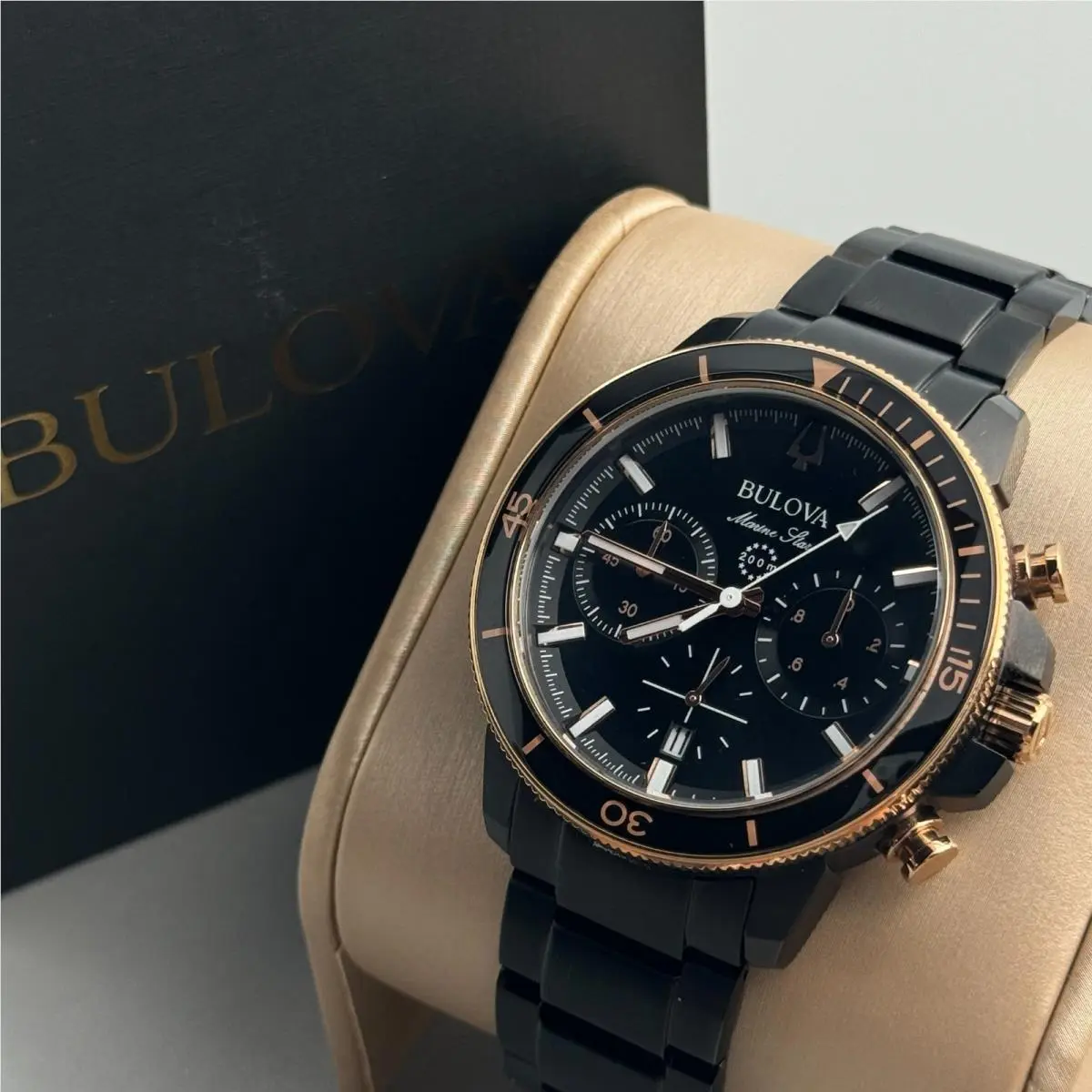 Marine Star 98B302 Quartz Chronograph Men`s Watch Black Dial 45mm by Bulova