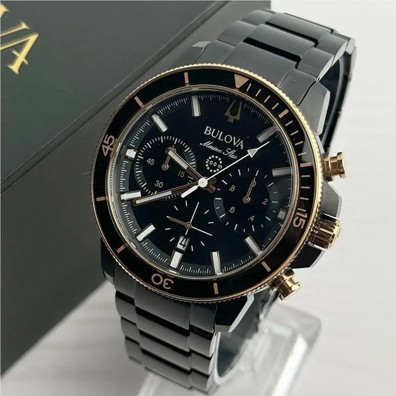 Marine Star Men`s Quartz Watch 45mm Black Dial Stainless Steel 98B302 by Bulova