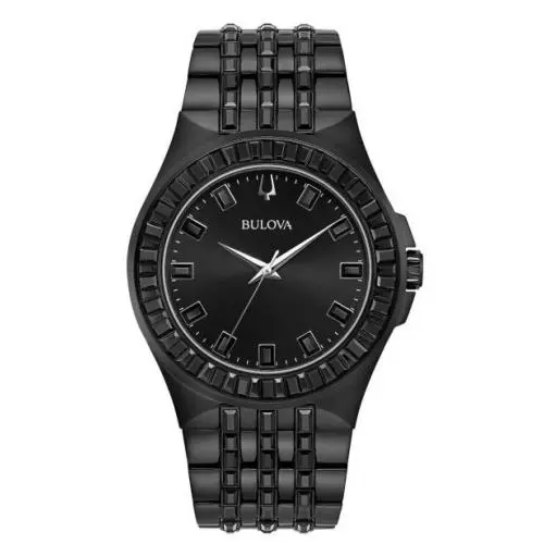 Bulova Phantom Crystal Quartz Black Dial 42mm Men`s Watch 98A240 - Dial: Black, Band: Black, Bezel: Black, Silver-Tone, Black Ion-plated