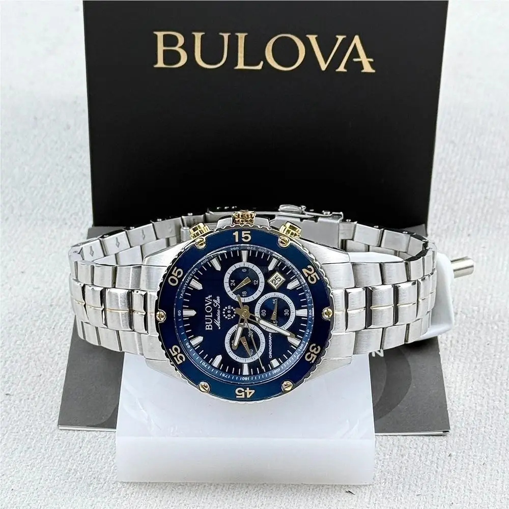 Men`s Marine Star 98B400 Chronograph Blue Dial Steel Quartz Watch 41.5mm by Bulova