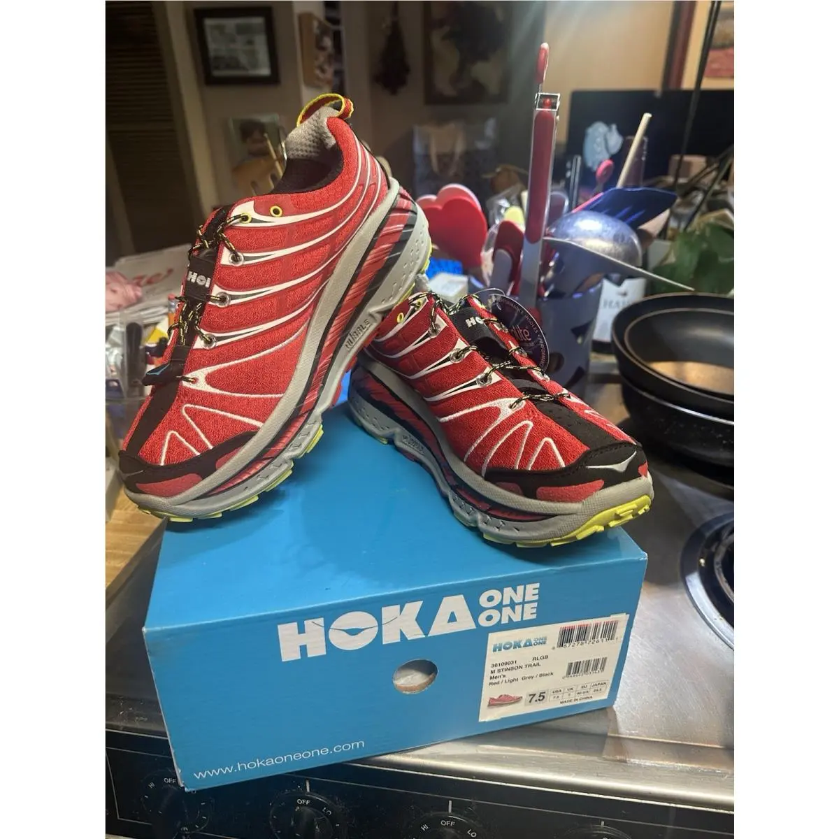 Hoka One M Stinson Trail Shoe in Red/light Grey/black - M 7.5/ W 8.5