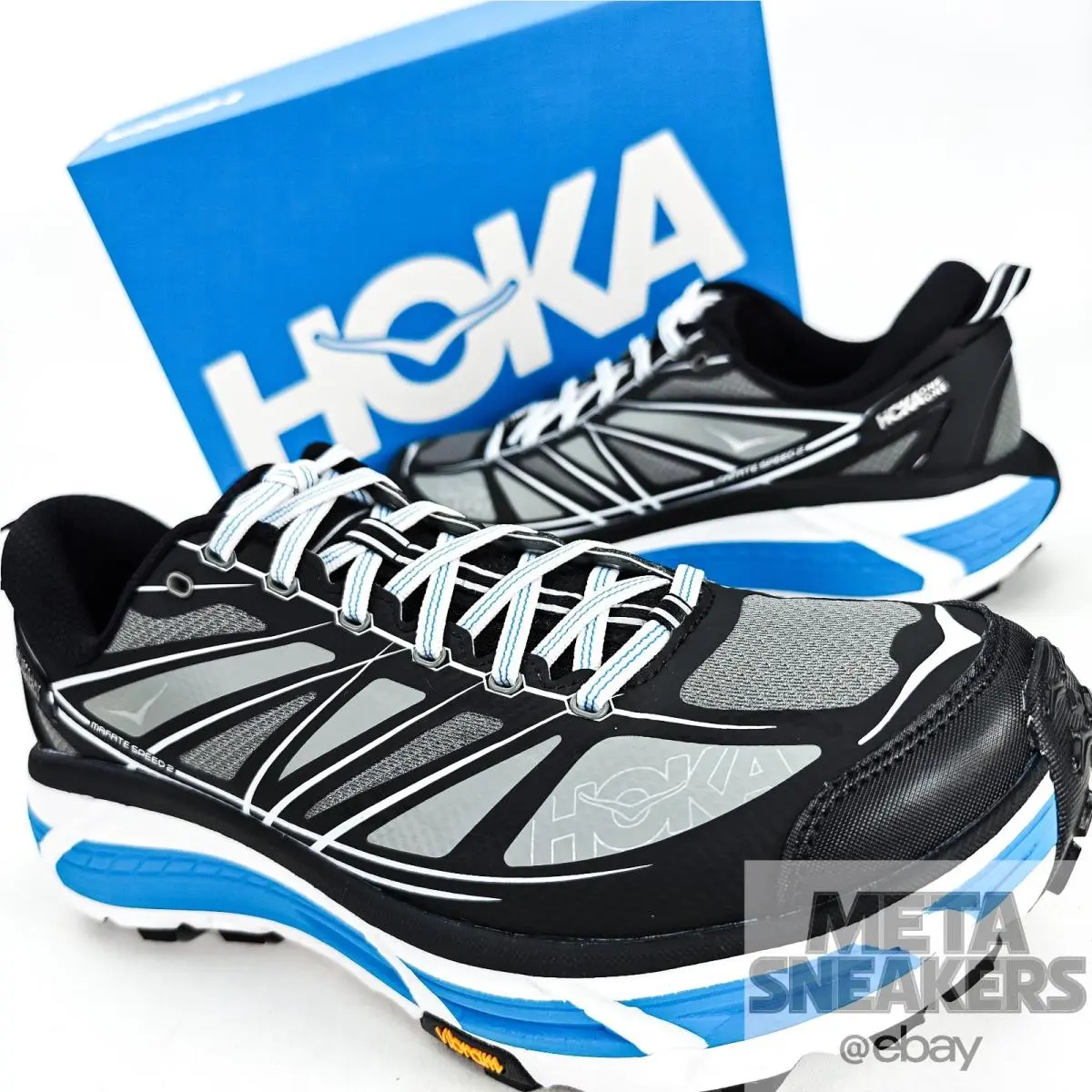 Hoka One One US 11 Men`s Black White Blue Vibram Sole Runner Mafate Speed 2