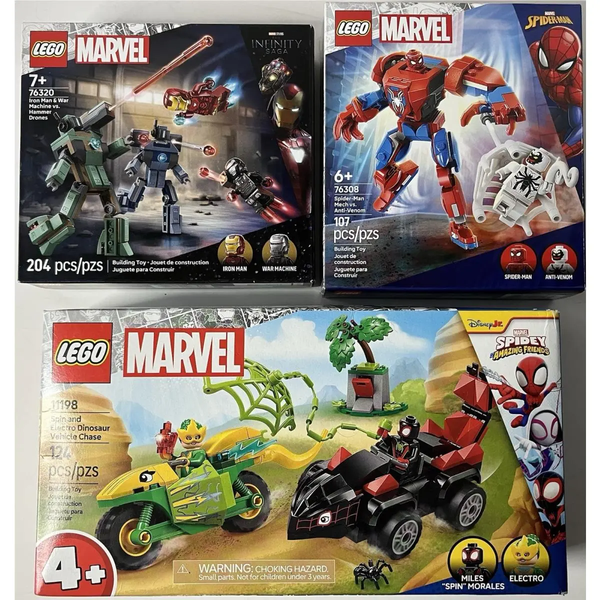 3 Lego Marvel Spidey 11198 Spider-man Mech 76308 Iron Man War Machine 76320