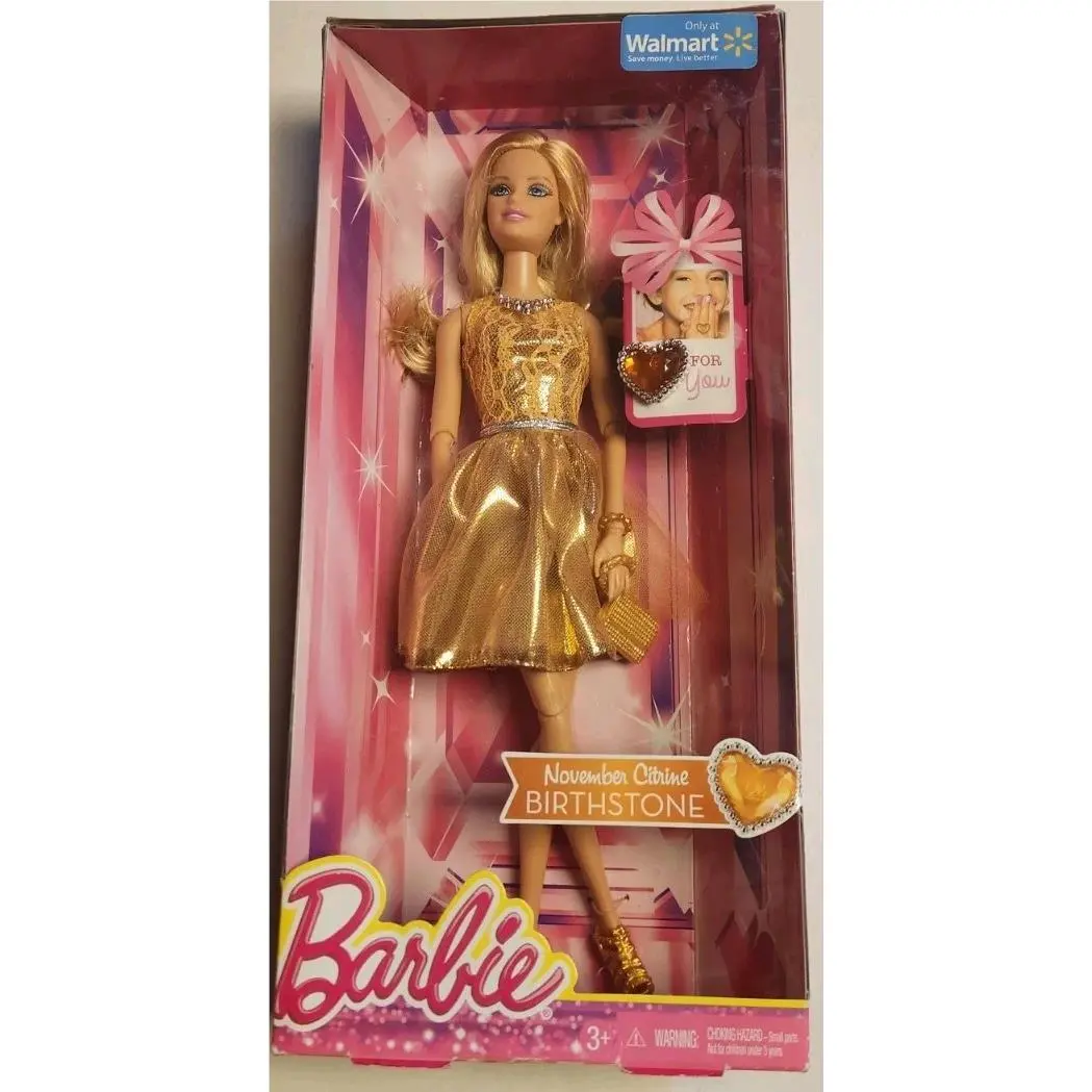 2014 Mattel Barbie November Citrine Birthstone Doll Gold Dress Accessories