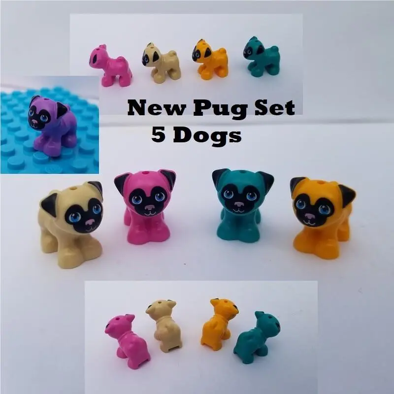 Lego Friends Pug Dog Set of 5 Mini Doll Pet Purple Pink Blue Green Minifigure