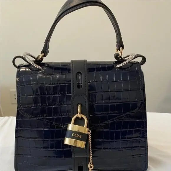 Chloe Aby Medium Day Bag True Blue Croc Embossed Leather Gold Hardware by Chloé