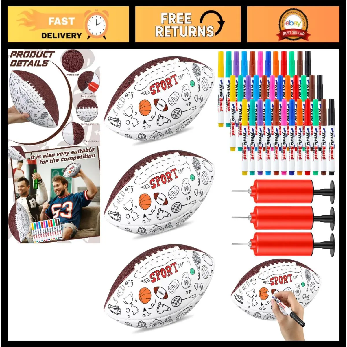 42 Pcs Customizable 10 Football Craft Set - 3 Balls 36 Markers 3 Inflators