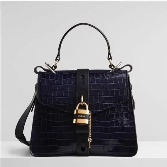 Chloe Aby Medium Day Bag True Blue Croc Embossed Leather Gold Hardware by Chloé