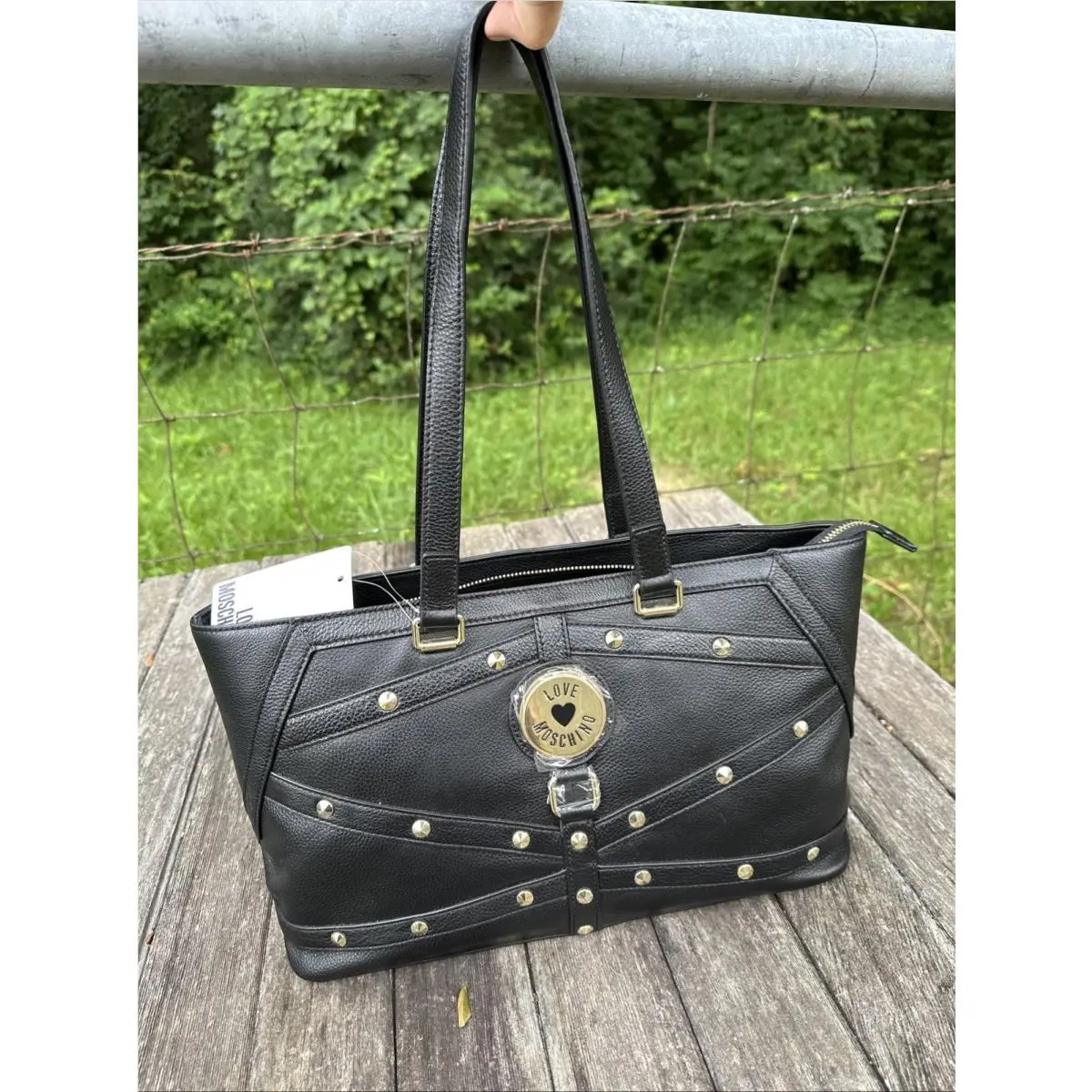 Love  Borsa Grain Nero Studded Shoulder Bag Purse Tote Handbag by Moschino