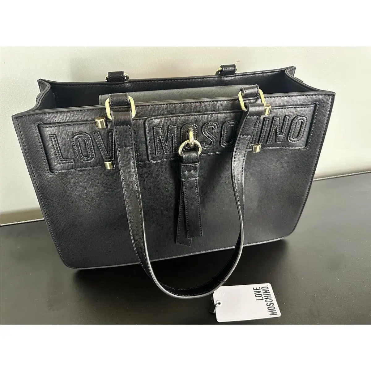 Love  Modern PU Handbag JC4271PP0CKM Magnetic Closure Black Logo Tassle by Moschino
