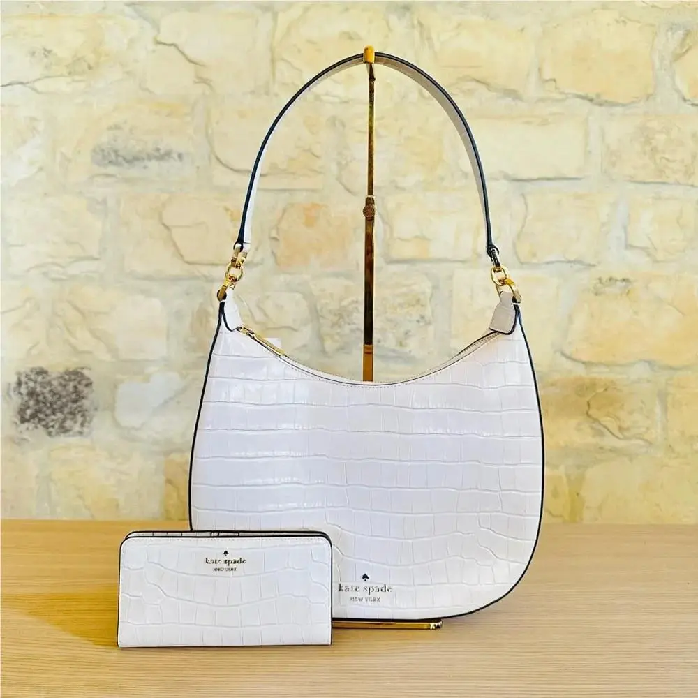Kate Spade Janie Croco Embossed Leather Womens Shoulder Bag + Wallet Bare