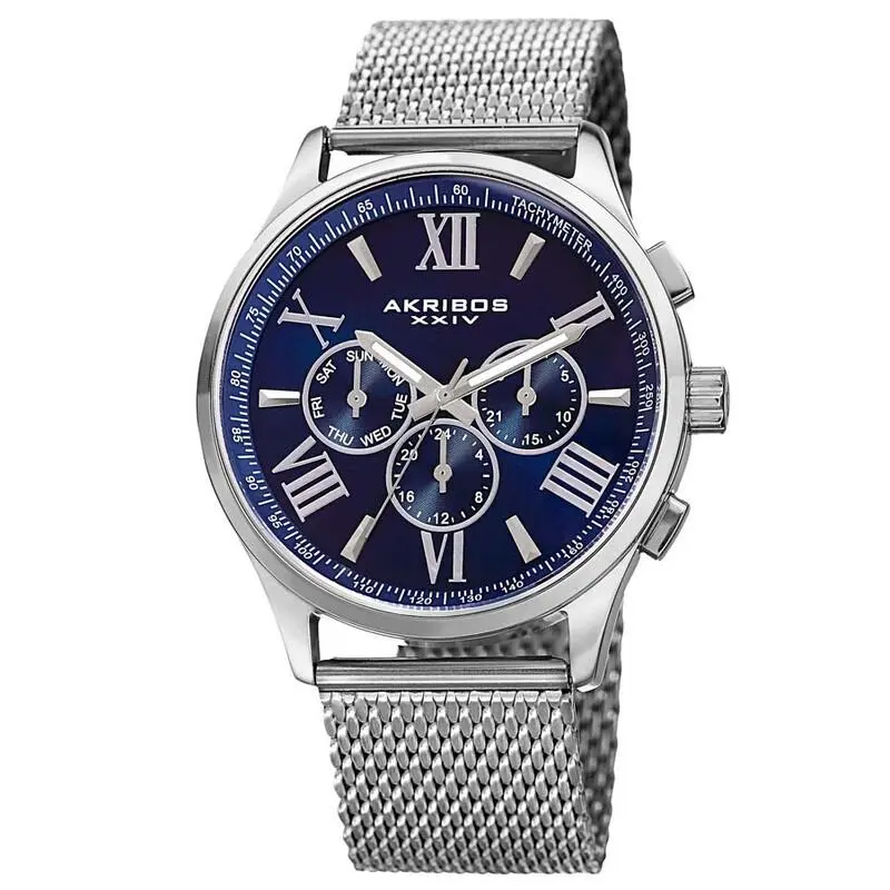 Akribos Xxiv AK844SSBU Men`s Blue Dial Silver-tone Stainless Steel Mesh Watch